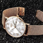 Women's Rose Gold Mesh Watch Silver Dial Slim Waterproof