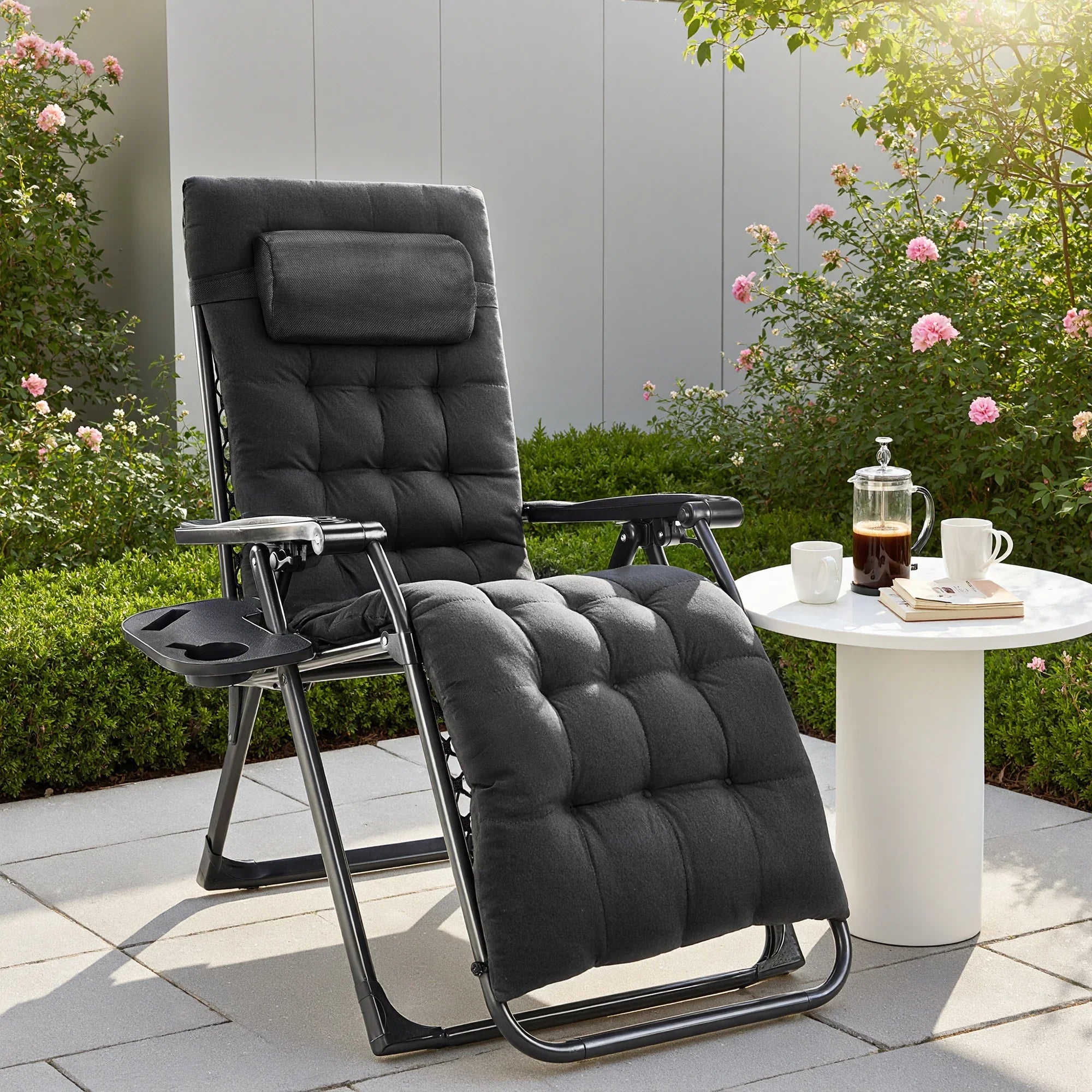 JHK Zero Gravity Set of 2 Portable Recliner Camping Patio Outdoor Garden Lounge Chair with Cup Holder Trays Adjustable Pillow