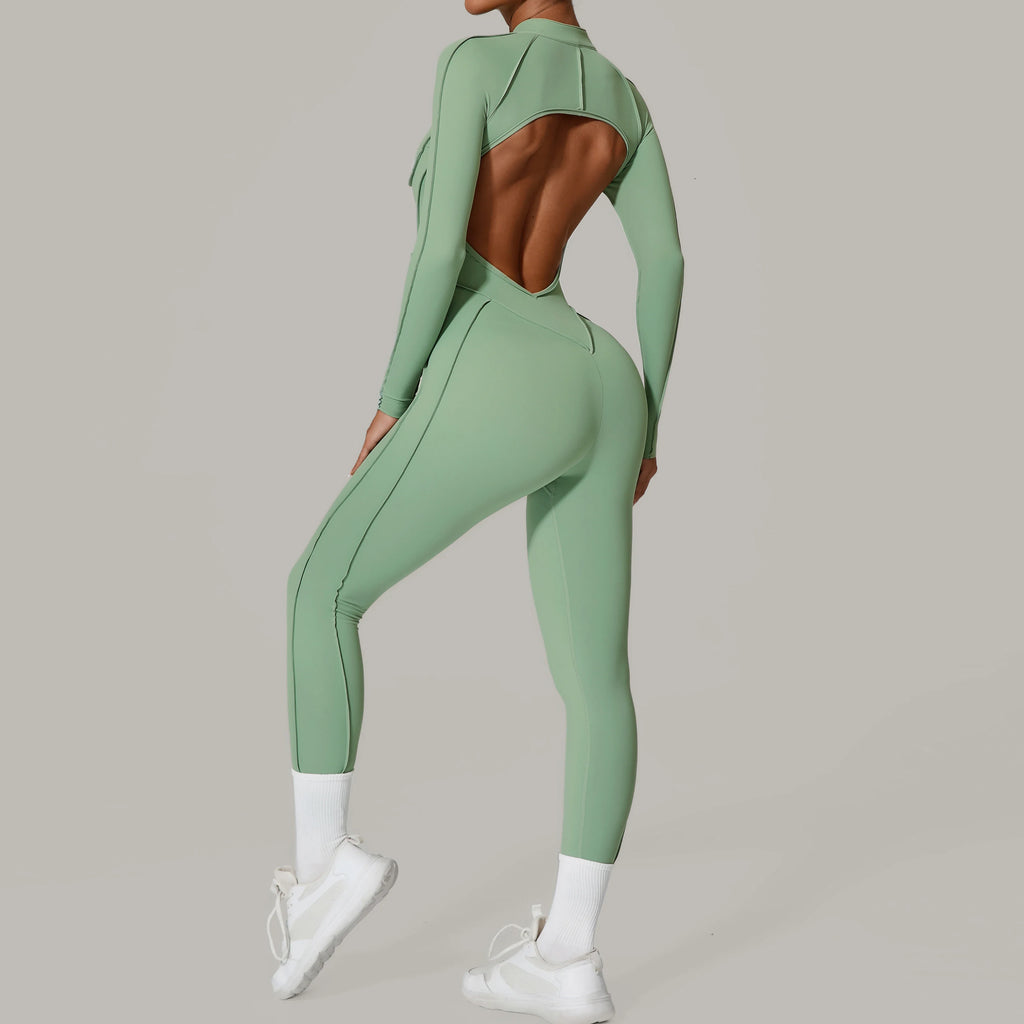 Padded Women Long Sleeve Sport Yoga Jumpsuit Workout Clothes for Women Sportwear Backless Zipper Fitness Gym Outfit