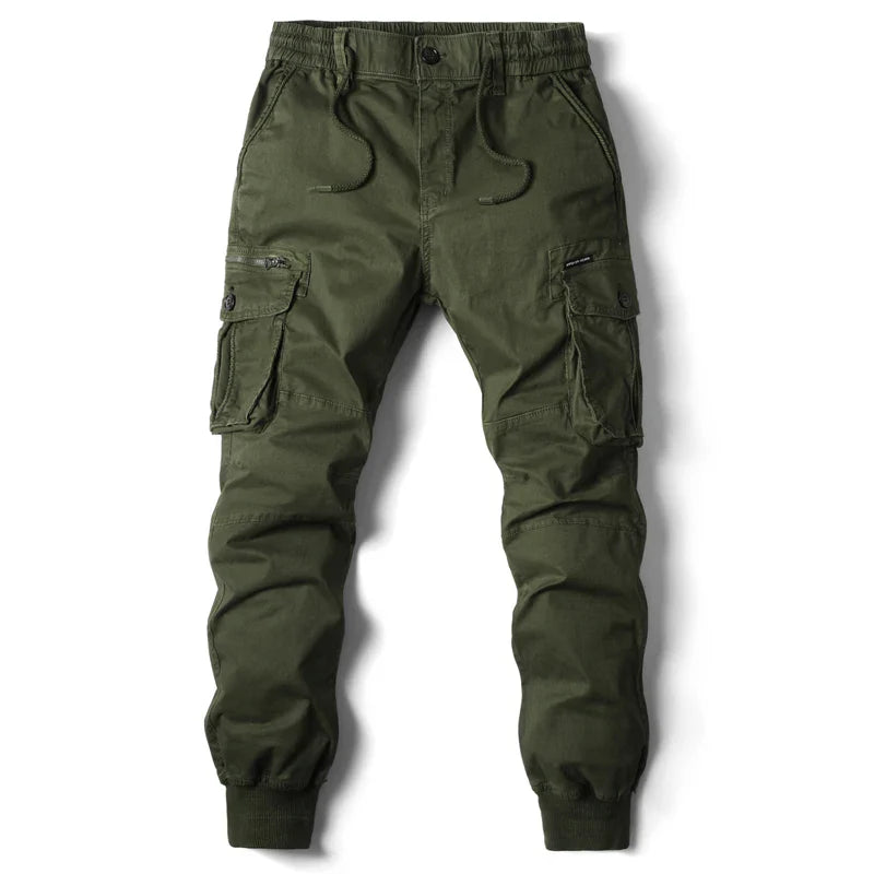 New Cotton Men’s Cargo Pants in Khaki, Black, Army, and Light Gray. Casual Tactical Joggers with Multi-Pockets for Fashion and Work Wear.