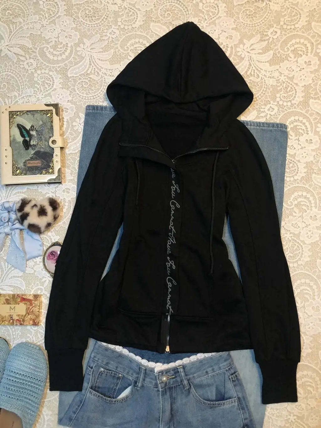 Harajuku Hooded Zip-Up Hoodie – Y2K Goth Punk Winter Jacket