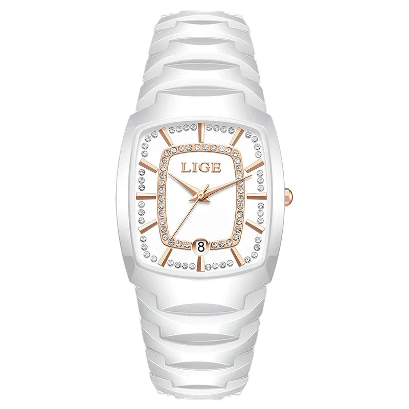 Women's White Ceramic Crystal Bracelet Watch Quartz Gift