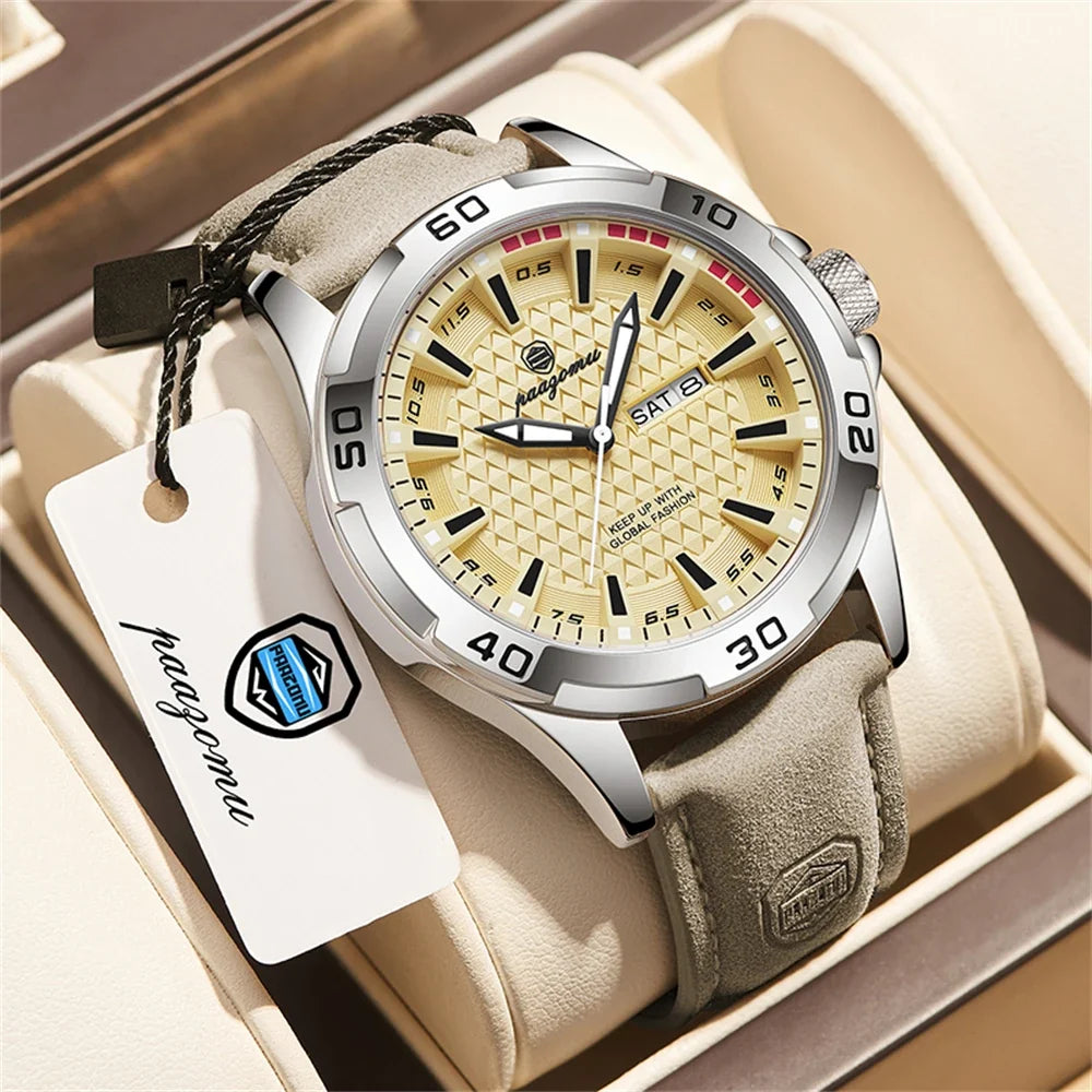 PAAZOMU Original Man Wristwatch Top Luxury Waterproof Luminous Date Week Watch For Men Quartz Sport Leather Men's Watches Reloj