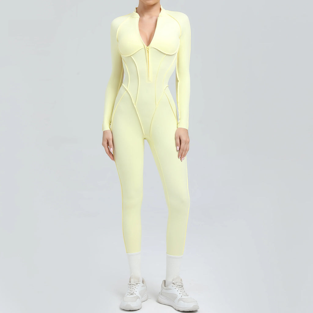 Padded Women Long Sleeve Sport Yoga Jumpsuit Workout Clothes for Women Sportwear Backless Zipper Fitness Gym Outfit