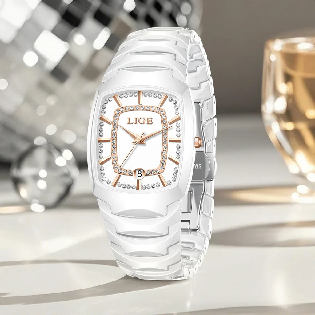 Women's White Ceramic Crystal Bracelet Watch Quartz Gift