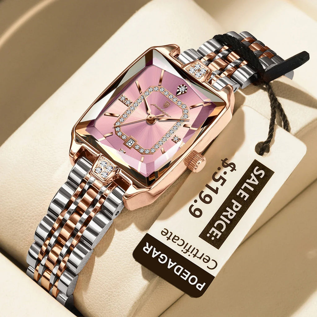 POEDAGAR Luxury Watch For Woman Elegant Waterproof Calendar Ladies Watch Rectangle Stainless Steel Quartz Women's Watches Female