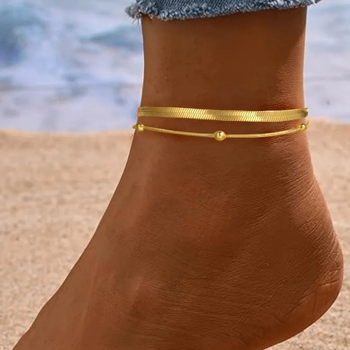 Stainless steel anklet bead strings snake bone chain double layered stacking anklet beach vacation ladies seaside party matching