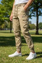 New Cotton Men’s Cargo Pants in Khaki, Black, Army, and Light Gray. Casual Tactical Joggers with Multi-Pockets for Fashion and Work Wear.