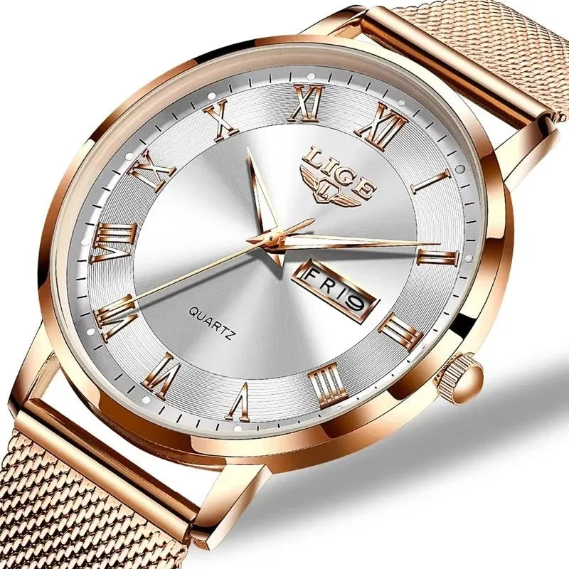 Women's Rose Gold Mesh Watch Silver Dial Slim Waterproof