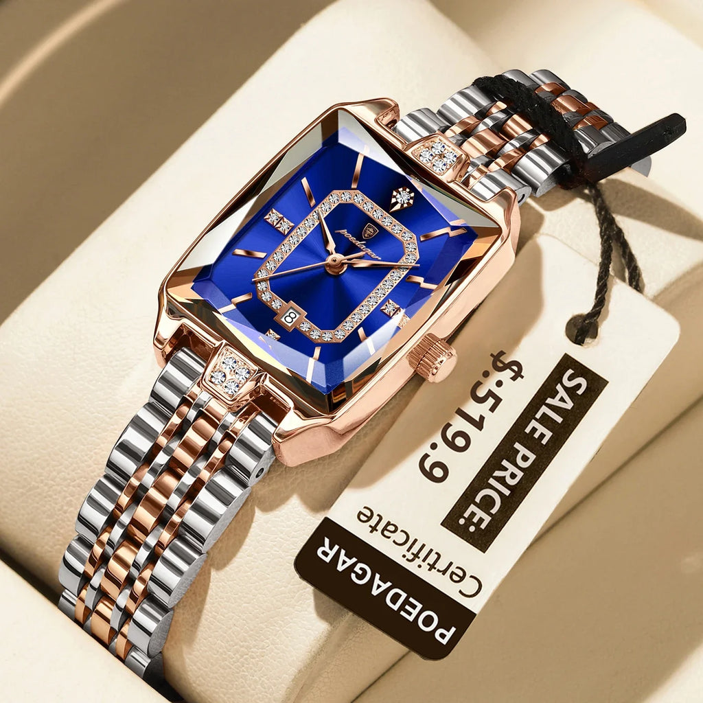 POEDAGAR Luxury Watch For Woman Elegant Waterproof Calendar Ladies Watch Rectangle Stainless Steel Quartz Women's Watches Female
