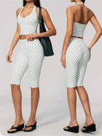 New Summer Women White Polka Dot Print Yoga Sets Hanging Neck Slim Sport Vest High Waist Mid Pants Gym Two-piece Workout Clothes