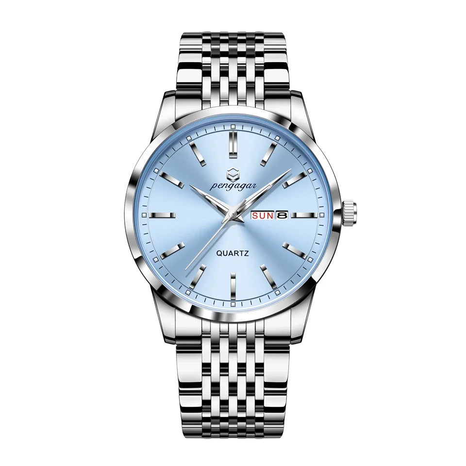 PENGAGAR Luxury Watch For Man Waterproof Luminous Date Week Stainless Steel Men Watch Casual Quartz Men's Watches Male Clock+box
