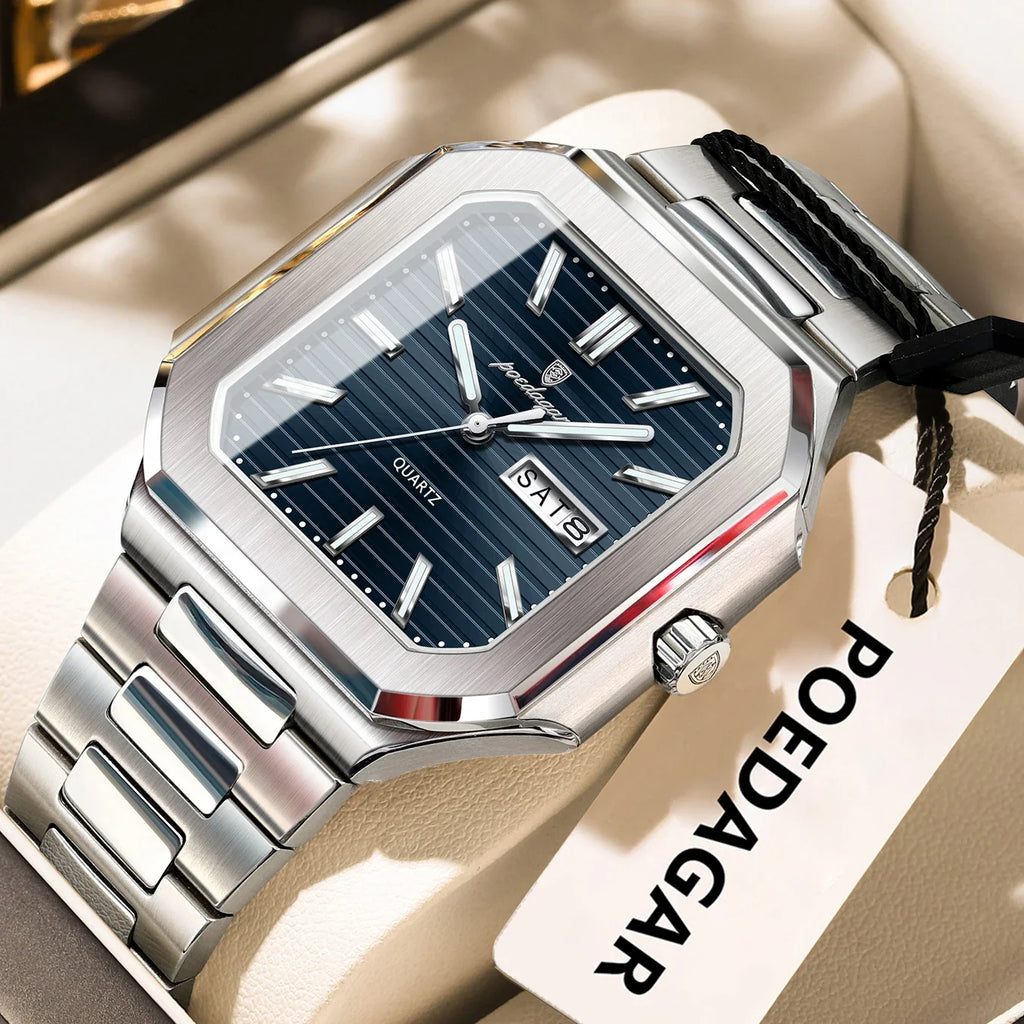 POEDAGAR Square Fashion Man Wristwatch Waterproof Luminous Date Week Quartz Men's Watches Stainless Steel Luxury Men Watch Reloj