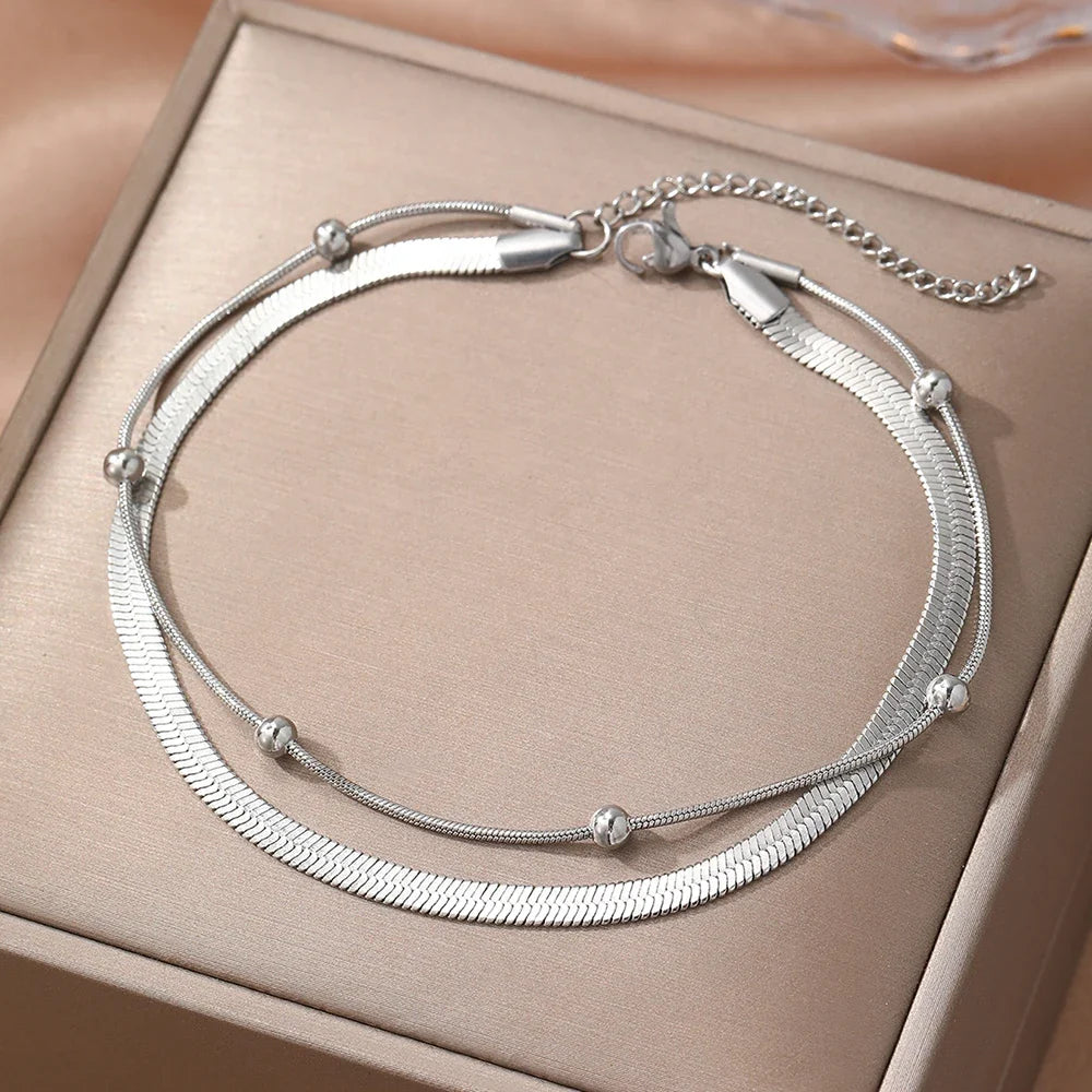 Stainless steel anklet bead strings snake bone chain double layered stacking anklet beach vacation ladies seaside party matching
