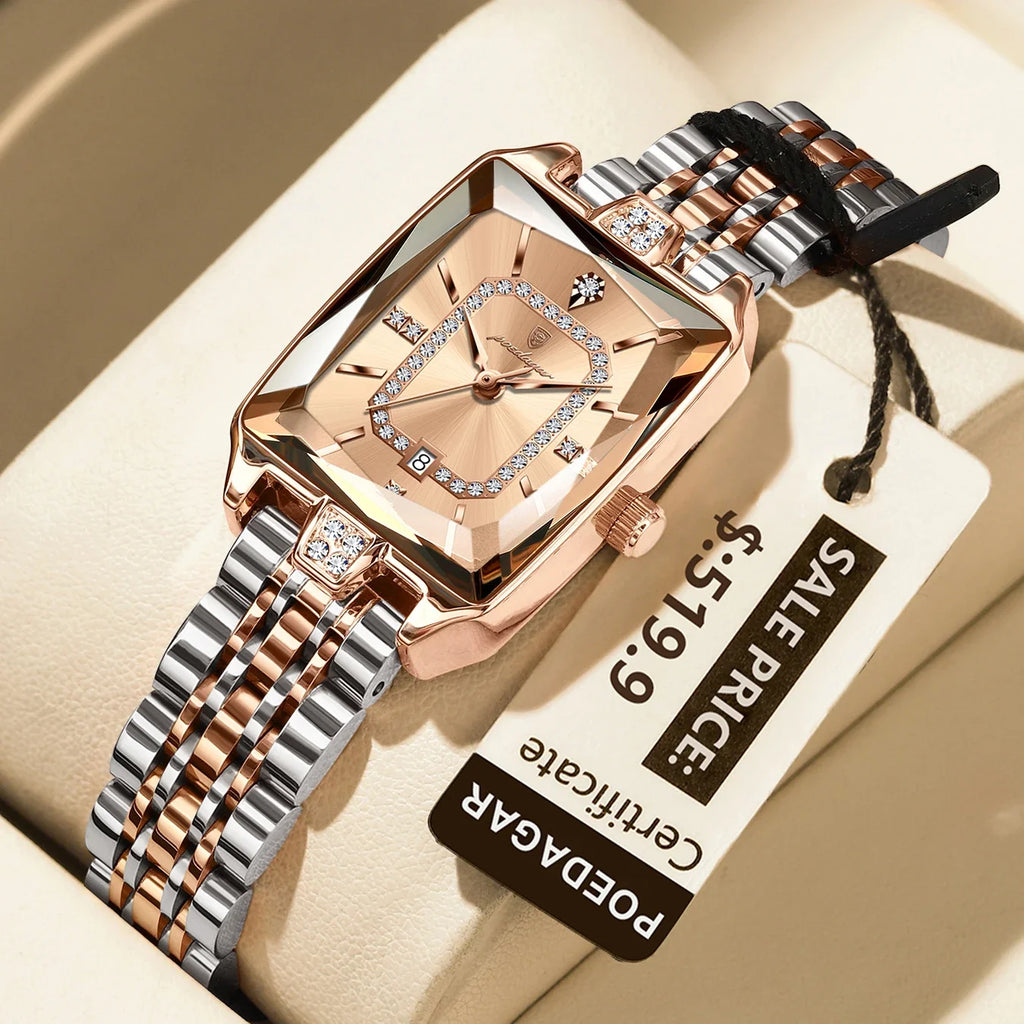 POEDAGAR Luxury Watch For Woman Elegant Waterproof Calendar Ladies Watch Rectangle Stainless Steel Quartz Women's Watches Female