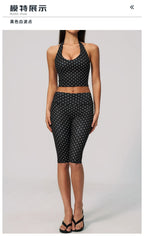 New Summer Women White Polka Dot Print Yoga Sets Hanging Neck Slim Sport Vest High Waist Mid Pants Gym Two-piece Workout Clothes