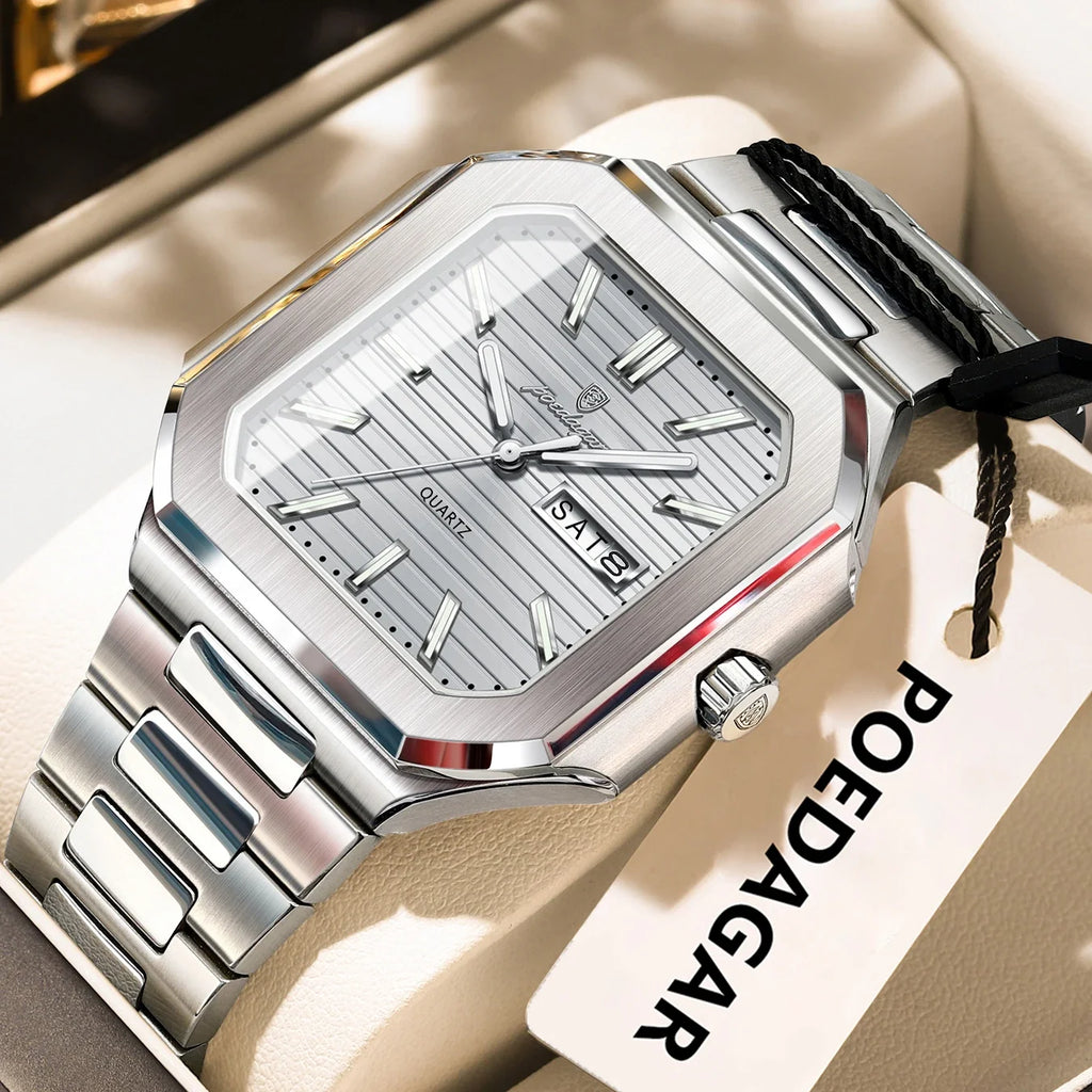 POEDAGAR Square Fashion Man Wristwatch Waterproof Luminous Date Week Quartz Men's Watches Stainless Steel Luxury Men Watch Reloj