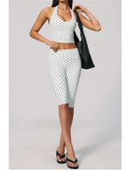 New Summer Women White Polka Dot Print Yoga Sets Hanging Neck Slim Sport Vest High Waist Mid Pants Gym Two-piece Workout Clothes