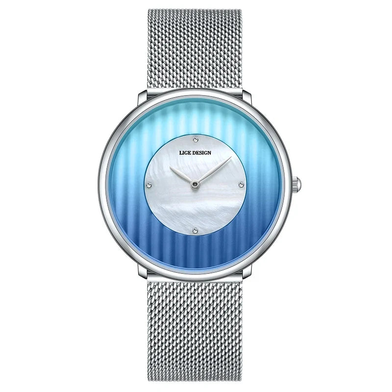Women's Slim Mesh Band Watch Pink Blue Gradient Quartz