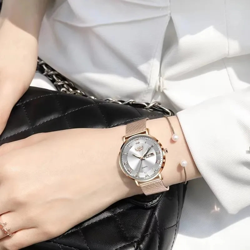 Women's Rose Gold Mesh Watch Silver Dial Slim Waterproof