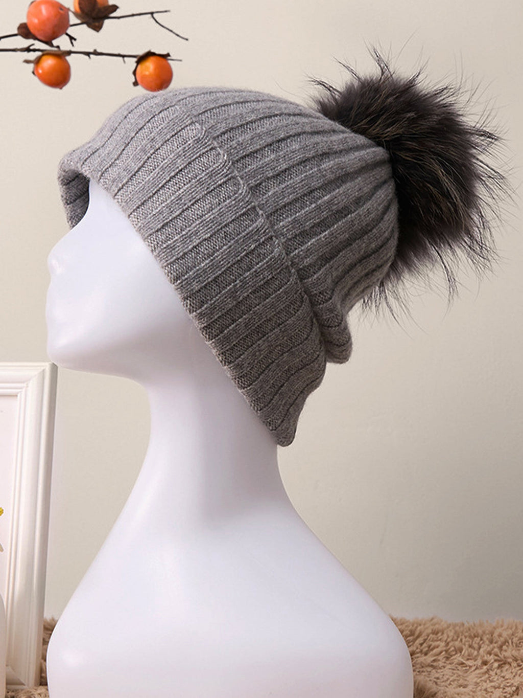 100% Cashmere Rib-Knit Slouchy Beanie With Pom-Pom