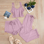 New 2025 Women's Summer 3PCS Pajama Sets Solid Vest Shorts and Pants Paired with Lace Splicing for Homewear Sexy Sleepwear Sets