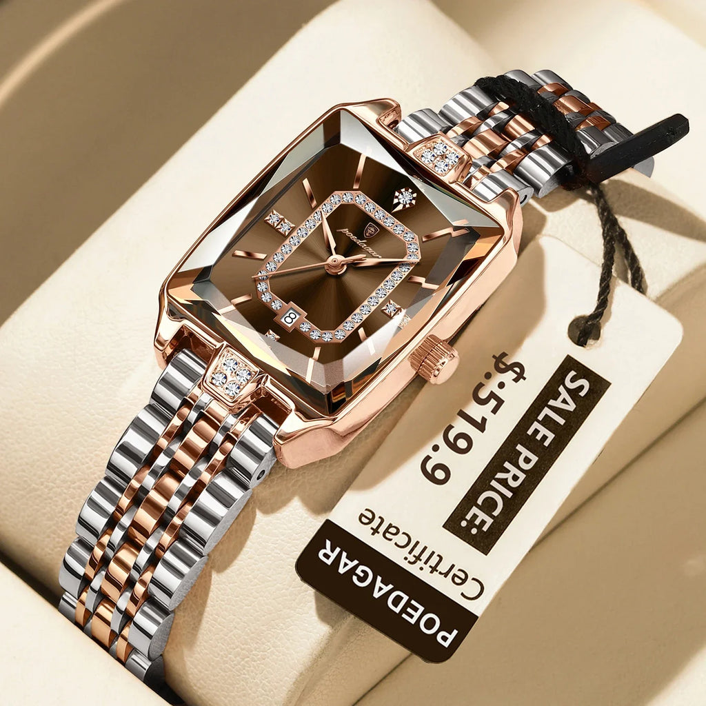 POEDAGAR Luxury Watch For Woman Elegant Waterproof Calendar Ladies Watch Rectangle Stainless Steel Quartz Women's Watches Female
