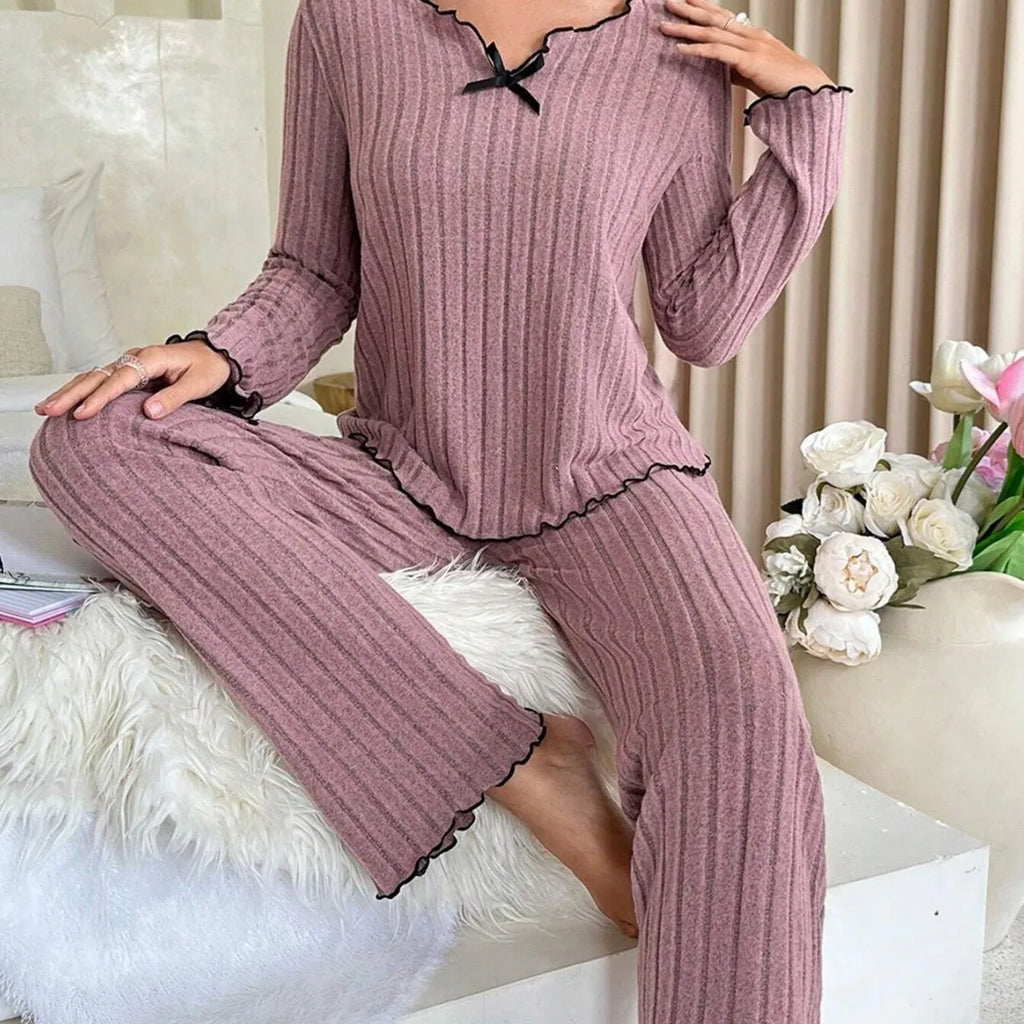 Flannel Warm Sleepwear Women Casual Pajamas Set Long Sleeve T-shirt Top and Trousers Set Homewear Autumn Winter Loungewear