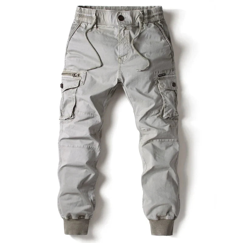 New Cotton Men’s Cargo Pants in Khaki, Black, Army, and Light Gray. Casual Tactical Joggers with Multi-Pockets for Fashion and Work Wear.