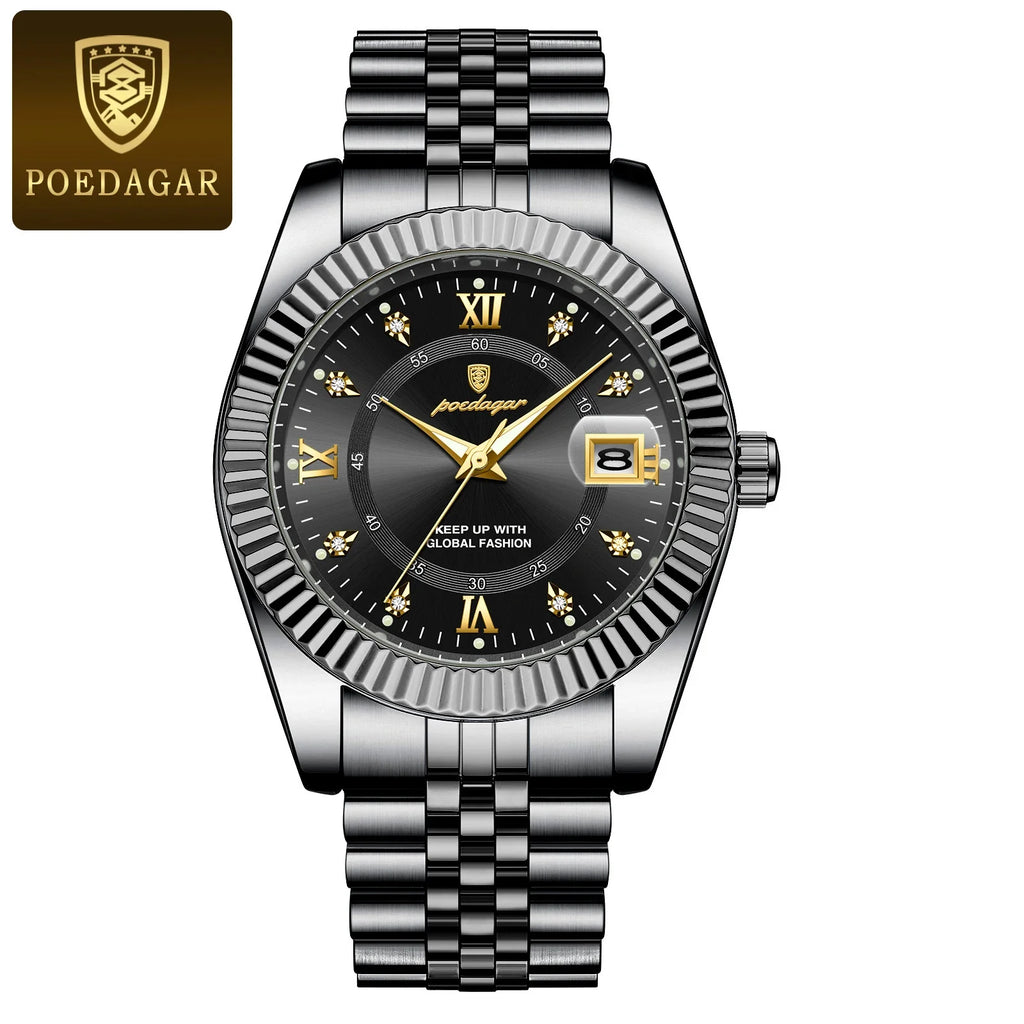 POEDAGAR Classic Luxury Men's Quartz Watches Stainless Steel Date Man Watch Waterproof Luminous Fashion Business Male Wristwatch