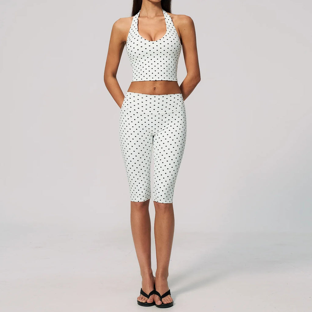 New Summer Women White Polka Dot Print Yoga Sets Hanging Neck Slim Sport Vest High Waist Mid Pants Gym Two-piece Workout Clothes