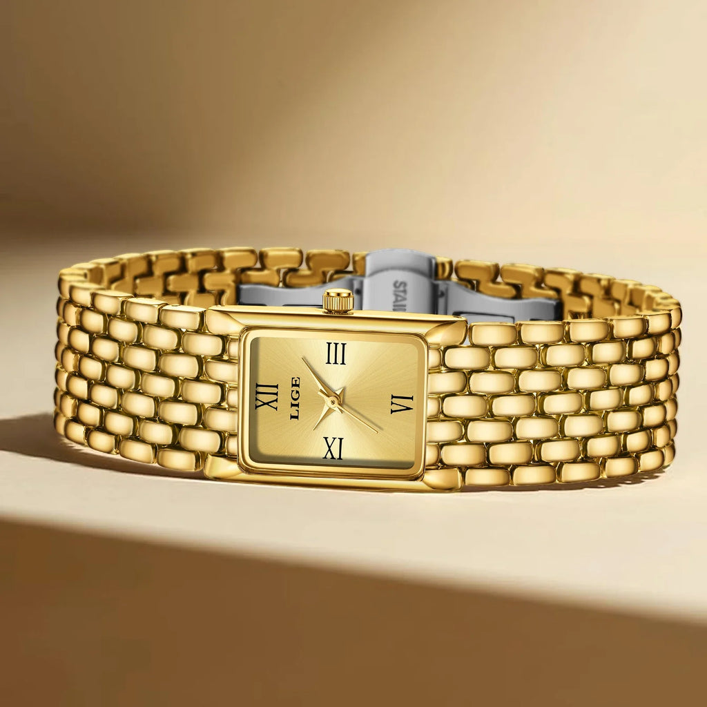 Women's Gold Rectangular Watch Stainless Steel Bracelet