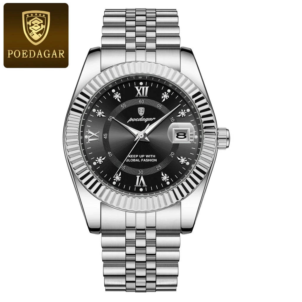 POEDAGAR Classic Luxury Men's Quartz Watches Stainless Steel Date Man Watch Waterproof Luminous Fashion Business Male Wristwatch