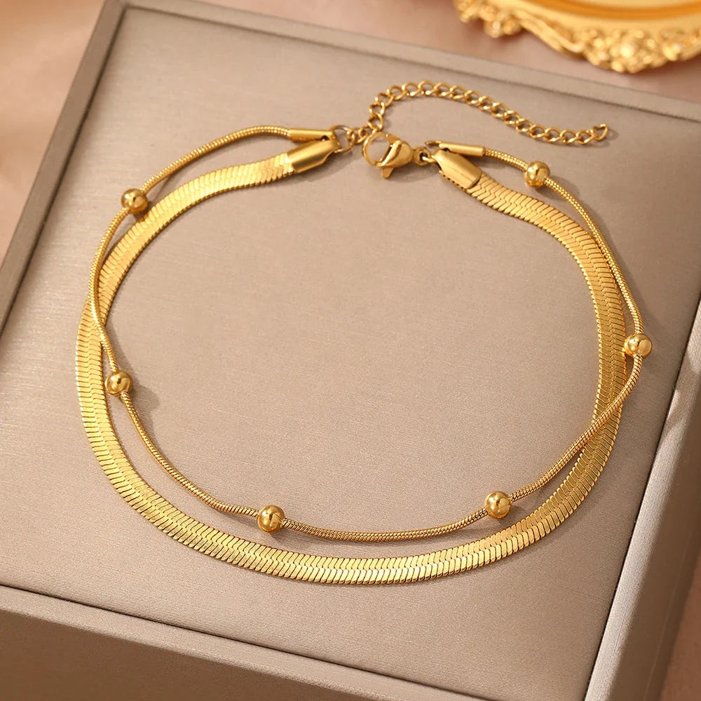 Stainless steel anklet bead strings snake bone chain double layered stacking anklet beach vacation ladies seaside party matching