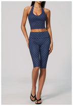 New Summer Women White Polka Dot Print Yoga Sets Hanging Neck Slim Sport Vest High Waist Mid Pants Gym Two-piece Workout Clothes