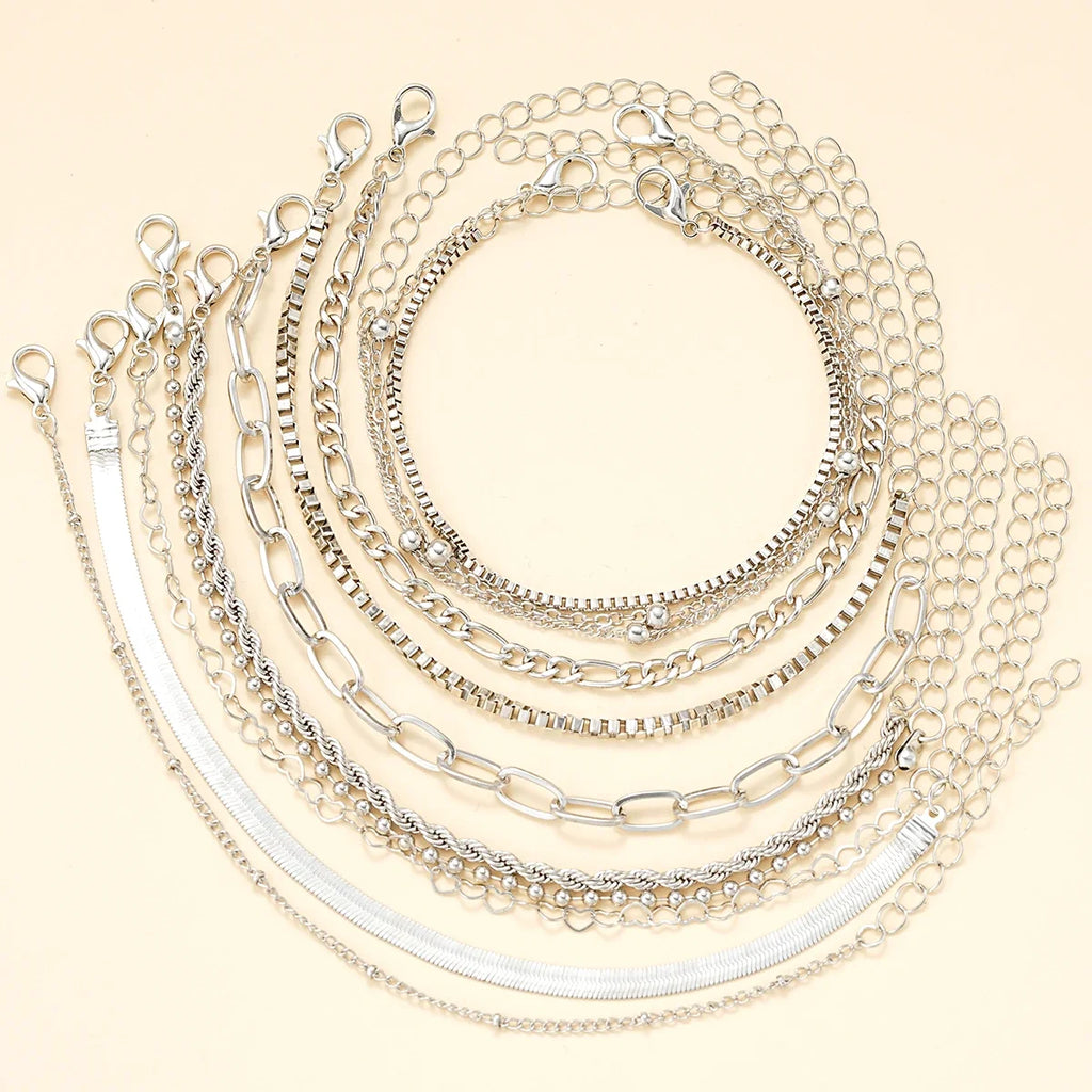 11Pcs/Set Boho Twisted Flat Snake Chain Anklet for Women Summer Beach Vintage Barefoot Ankle Bracelet On Leg Jewelry Accessories