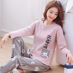 Autumn 2pieces Pyjamas Set Women Thin Sexy Sleepwear Lovely Home Suit 2025 Round Neck Girls Teacup SleepwearLong Sleeve Pajamas