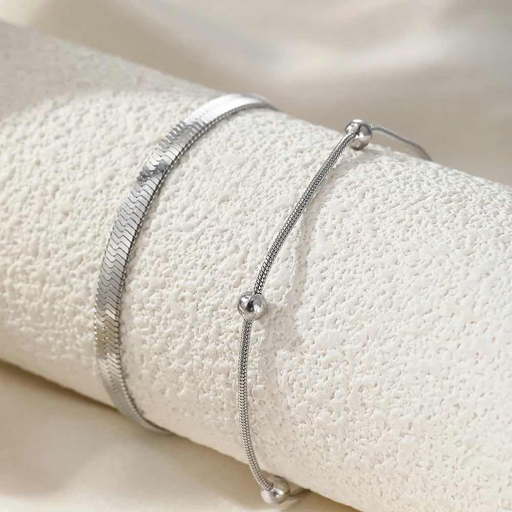 Stainless steel anklet bead strings snake bone chain double layered stacking anklet beach vacation ladies seaside party matching