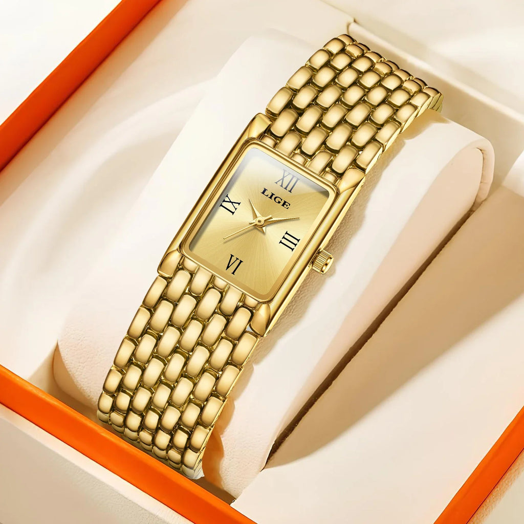 Women's Gold Rectangular Watch Stainless Steel Bracelet