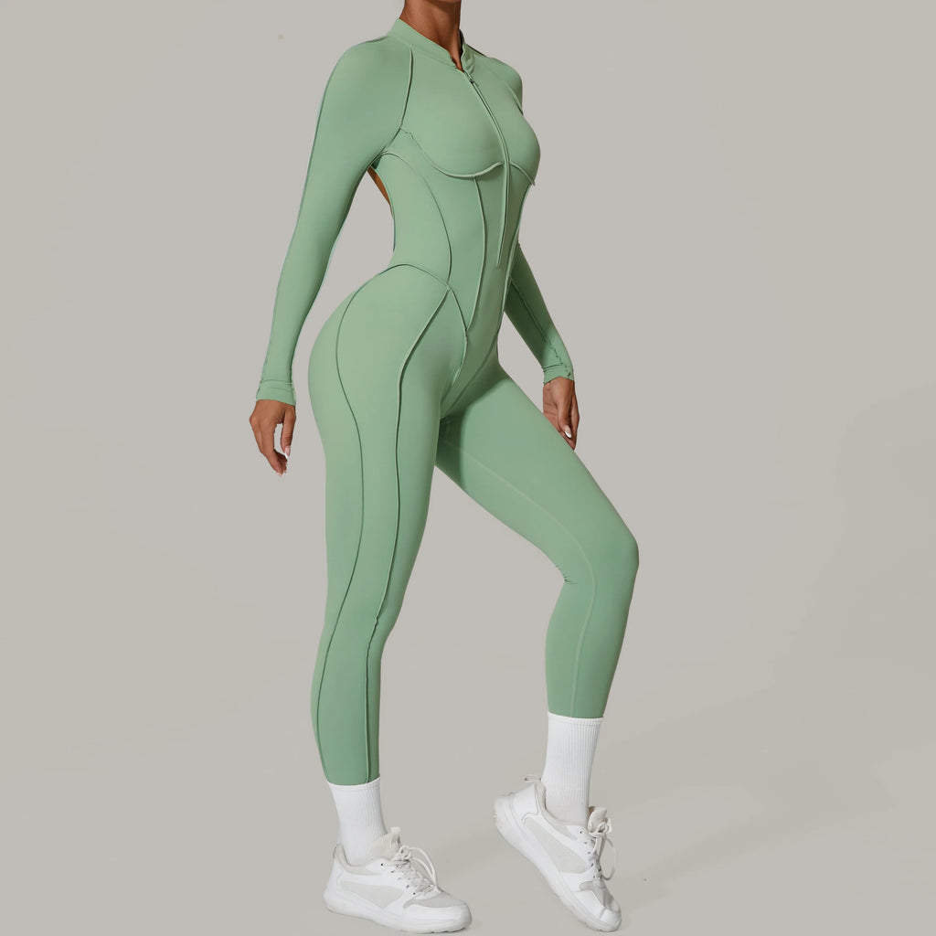 Padded Women Long Sleeve Sport Yoga Jumpsuit Workout Clothes for Women Sportwear Backless Zipper Fitness Gym Outfit