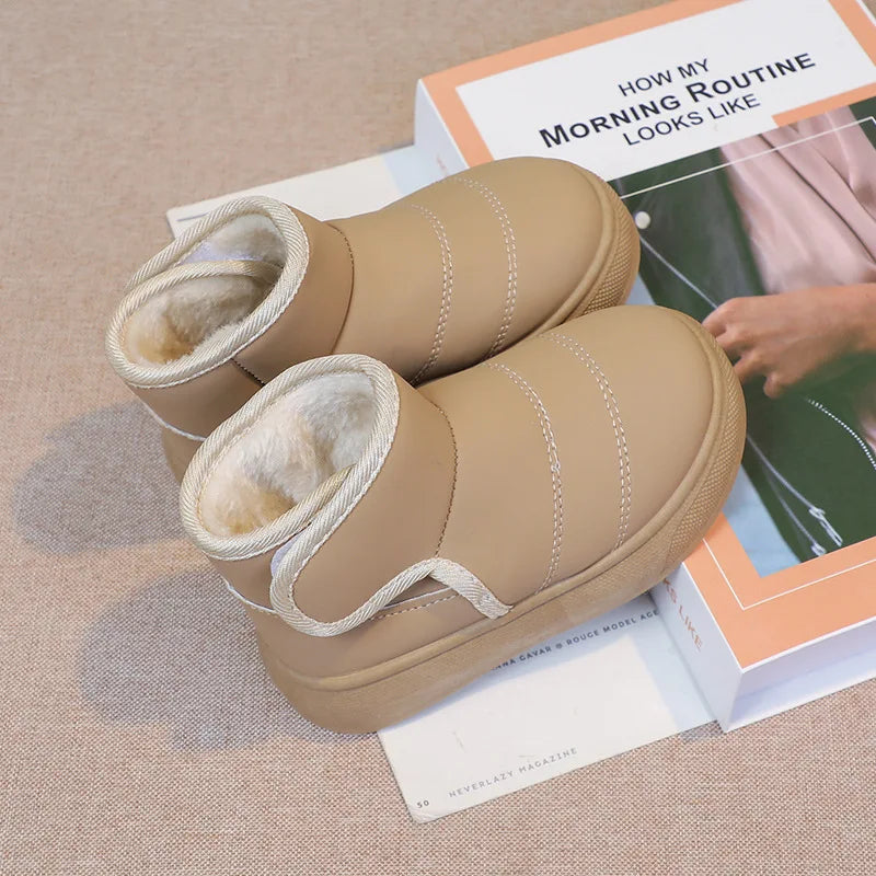 2025 Kids Winter Snow Boots Plush Fur Lined Non-Slip Leather Shoes for Boys And Girls Little Girl Outdoor Short Boots