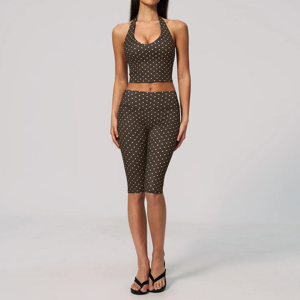 New Summer Women White Polka Dot Print Yoga Sets Hanging Neck Slim Sport Vest High Waist Mid Pants Gym Two-piece Workout Clothes