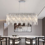 34.6" Oval K9 Crystal Chandelier | 6-Light Silver Modern Ceiling Light with Cascading Teardrop Crystals — Dining Room, Living Room & Bedroom