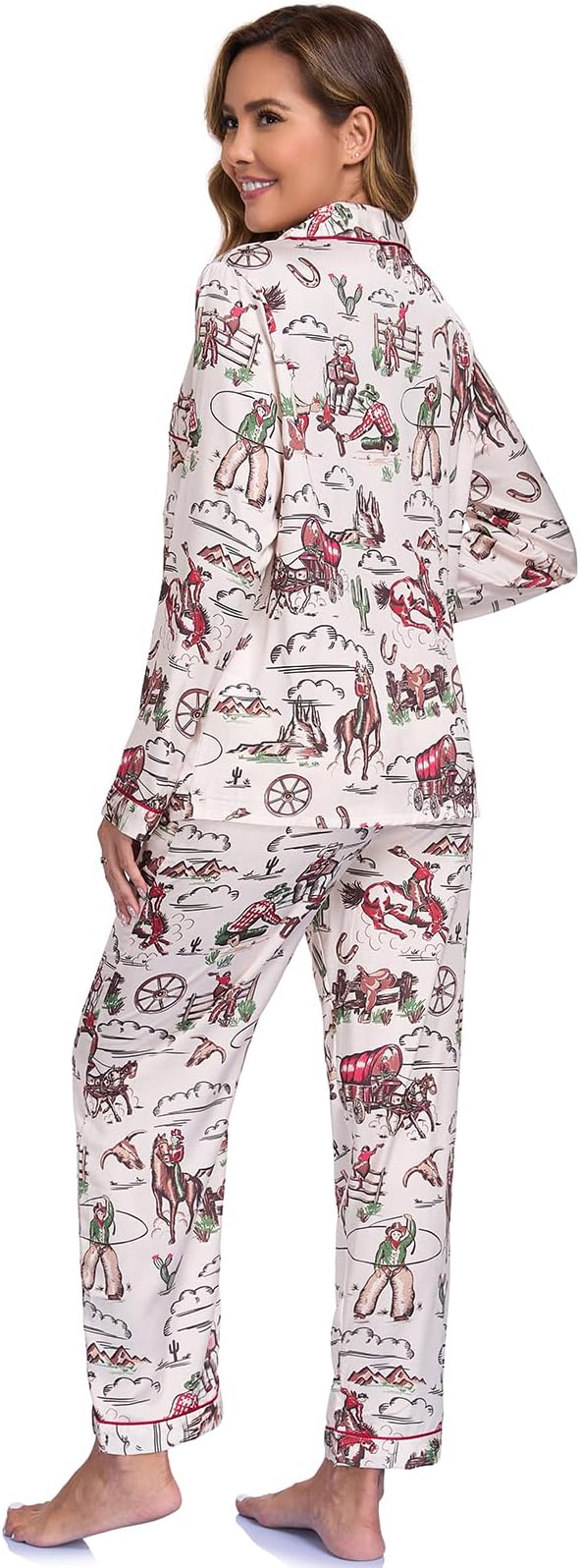 Women's Button Down Lapel Shirt With Pocket Matching Two Piece Loungewear Pajama Set
