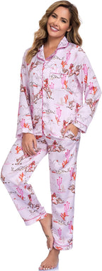 Women's Button Down Lapel Shirt With Pocket Matching Two Piece Loungewear Pajama Set
