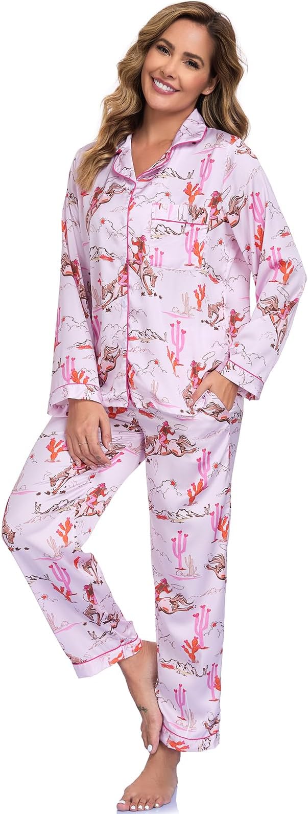 Women's Button Down Lapel Shirt With Pocket Matching Two Piece Loungewear Pajama Set