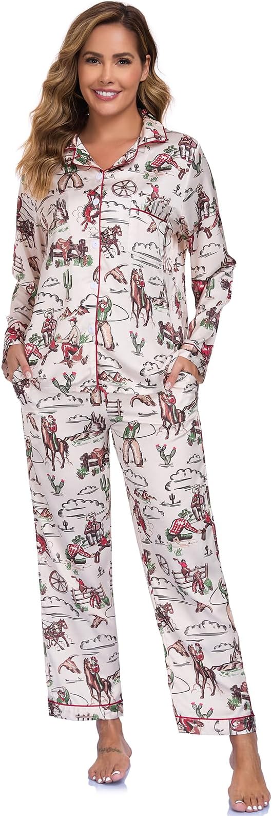 Women's Button Down Lapel Shirt With Pocket Matching Two Piece Loungewear Pajama Set