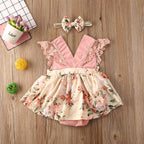 Girl Princess Clothes Baby Romper Girls Floral Lace V Neck Sleeveless  Jumpsuit Newborn Headband Kid Outfits Summer Clothing