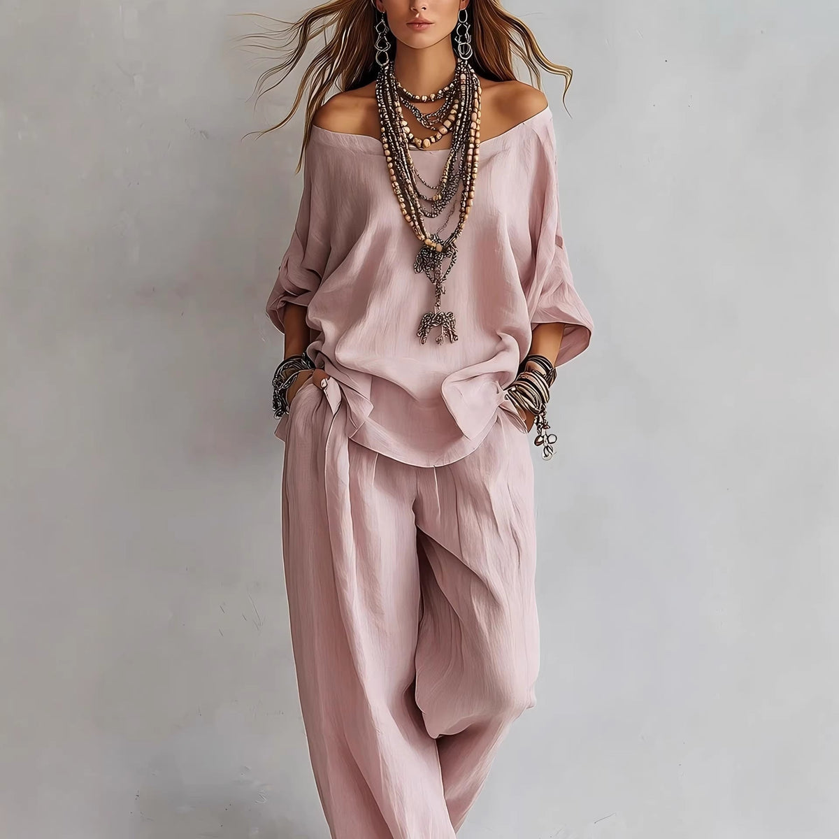 Women's Off-Shoulder Top & Wide-Leg Pants Set