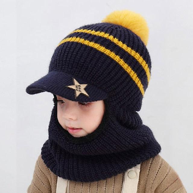 Thick Knitted Acrylic Winter Beanie Hats For Kids Child Outdoor Warm Balaclava Cap Girls Boys Bib Mask Face Cover Hairball Hat  Beanie Cap Mask Scarf Hat Set Outdoor Sport Warm Beanies Hat For Men Knitted Hats Bandana Hiking Camping Kid Neck Warmer Cap
